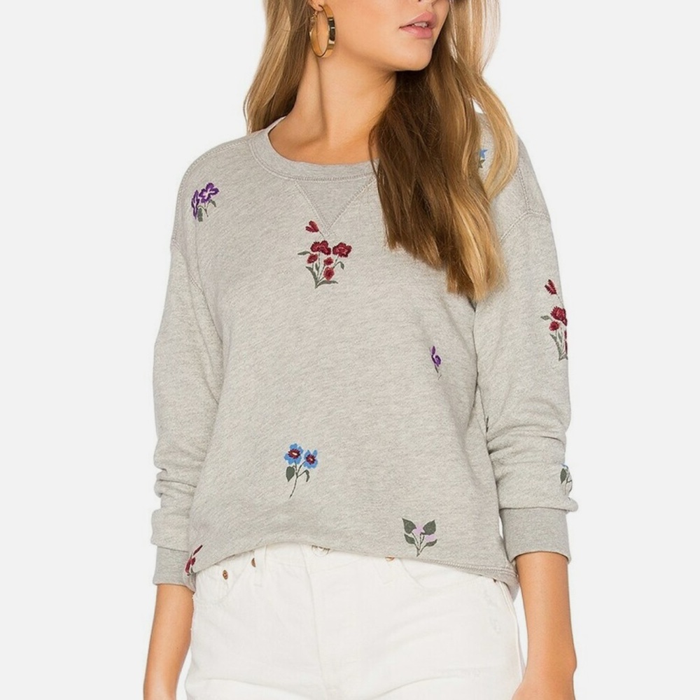 Soft Joie Rikke Sweatshirt in Heather Grey 100% Cotton Floral Embroidered Size M